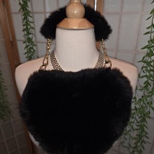 Plush Black Heart-Shaped Fur Handbag with Gold Chain
